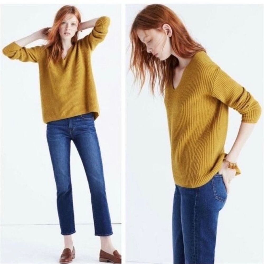 Madewell Wool Blend V Neck Sweater Small Sunflower Mustard High Low Pullover